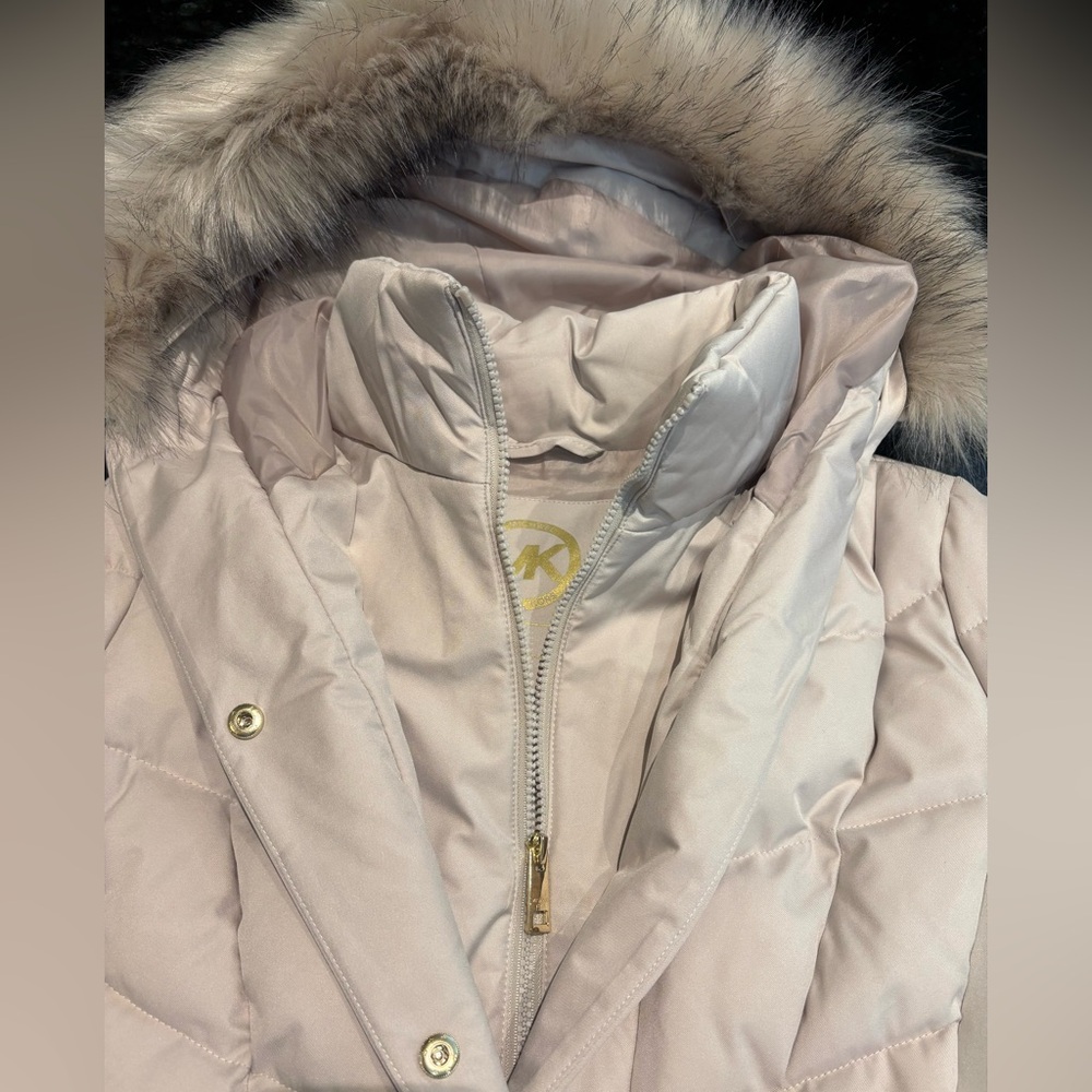 Michael Kors Champagne Belted MK Designer Fur Hood Jacket Coat Size M NWT $320 - Picture 4 of 9